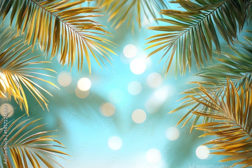 Tropical beach view framed by palm leaves and grass with turquoise ocean waves and distant mountains under blue sky Generative AI