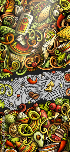 Mexican food hand drawn doodle banner. Cartoon detailed flyer. Mexica cuisine identity with objects and symbols. Color vector design elements background