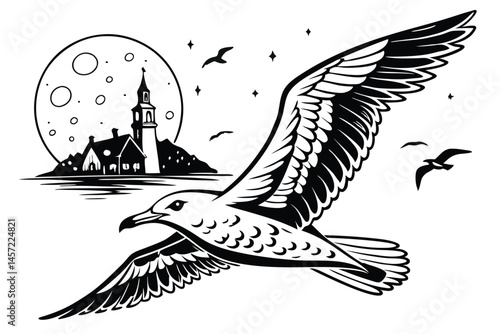 100 Surreal black and white illustration, silhouette of a seagull, double exposure, cityscape inside bird's body, full moon, church spire, flying birds, reflective water surface, starry sky, minimalis