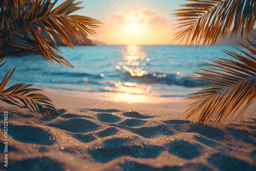 Obraz na płótnie Tropical beach view framed by palm leaves and grass with turquoise ocean waves and distant mountains under blue sky Generative AI w salonie
