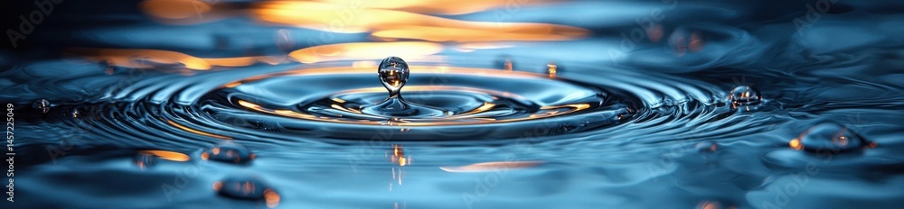 Water droplet suspended mid-air above ripple on reflective blue surface with glowing orange highlights in soft lighting Generative AI