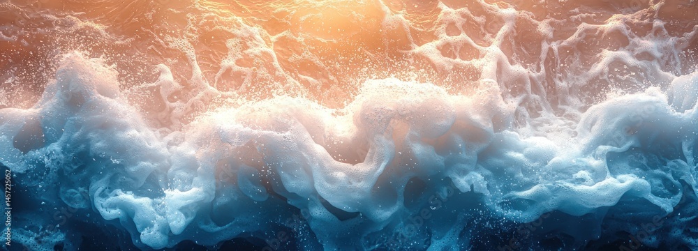 Dynamic ocean foam and crashing waves in vibrant blue and orange tones with swirling textures and glowing light Generative AI