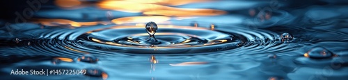 Obraz na płótnie Water droplet suspended mid-air above ripple on reflective blue surface with glowing orange highlights in soft lighting Generative AI w salonie