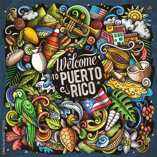 Puerto Rico cartoon doodle vector illustration. Funny Puerto-Rican whimsical design. Caribbean tropical elements in a vibrant, playful style