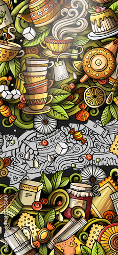 Tea hand drawn doodle banner. Cartoon detailed flyer. Beverage identity with objects and symbols. Color vector design elements background