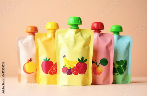 Baby food packages in bright colors with images of fruits and vegetables
