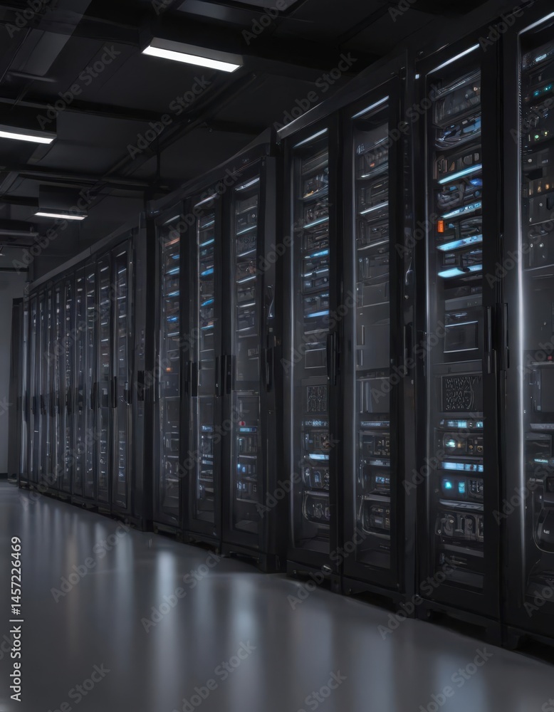 Sleek server racks glow in a secure high-tech facility, artificial intelligence, data security Sleek server racks glow in a secure high-tech facility, artificial intelligence, data security
