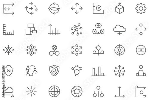 Scale adjust optimize process connect structure business technology line icons set