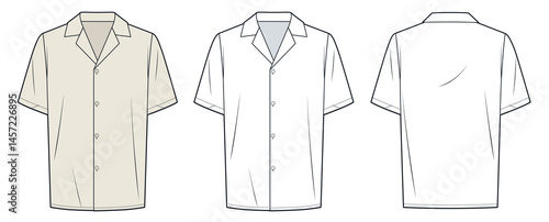 Camp Collar Shirt technical fashion Illustration. Short Sleeve Shirt fashion flat technical drawing template, button down, relaxed fit, front, back view, white, beige, women, men, unisex CAD mockup.