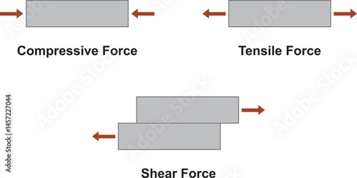 Display of tension, compression and shear forces. Force types. Force types include compression, tensile and shear forces. It shows the direction of the three forces. Physics drawing.
