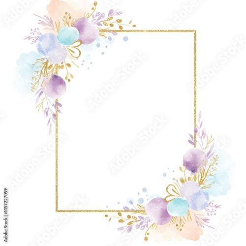 Watercolor Floral Frame with Gold Border