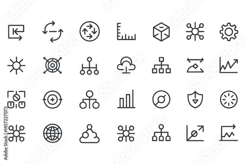 Scale adjust optimize process connect structure business technology line icons set