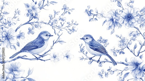 Branches with flowers and birds in blue pencil drawing forming a beautiful pattern white background