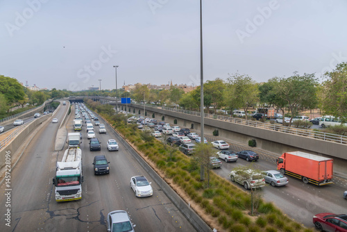 Heavy traffic jam on a multi-lane highway in Riyadh, the capital city of Saudi Arabia.
