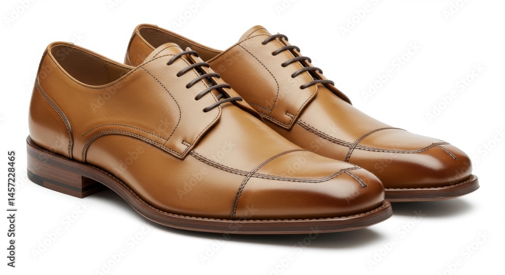 A pair of brown leather dress shoes with laces on a white background in a studio setting close up view A pair of brown leather dress shoes with laces on a white background in a studio setting close up view
