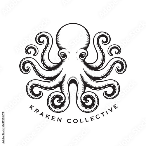  A-stark-black-and-white-line-drawing-of octopus vector art illustration