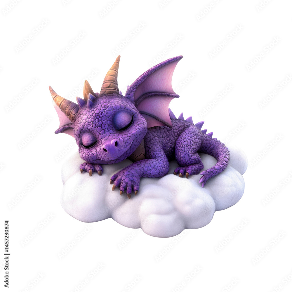 Fototapeta premium Adorable Purple Baby Dragon Sleeping on a Cloud - Fantasy Creature Render