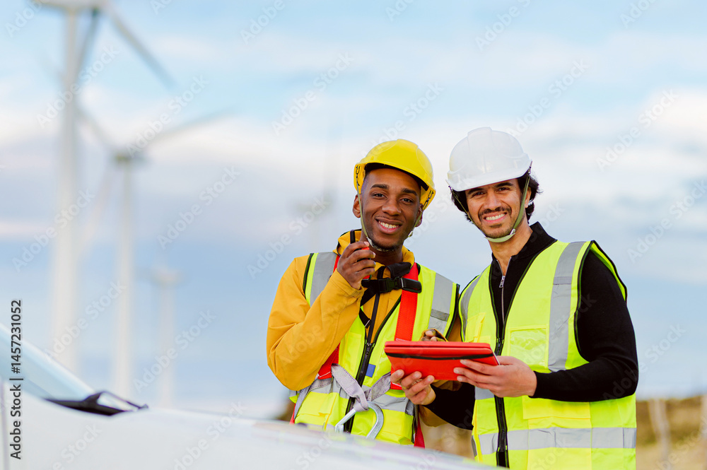 Two engineers in safety gear discussing plans at a wind turbine park, showcasing teamwork and renewable energy efforts in a modern setting