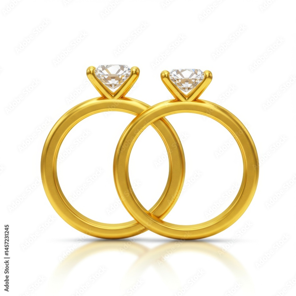 Two Gold Wedding Rings with Diamonds on White Background Two Gold Wedding Rings with Diamonds on White Background