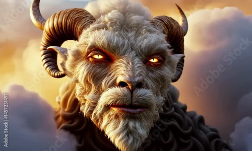 Mythical creature emerging from fiery clouds with illuminated eyes in dramatic sky