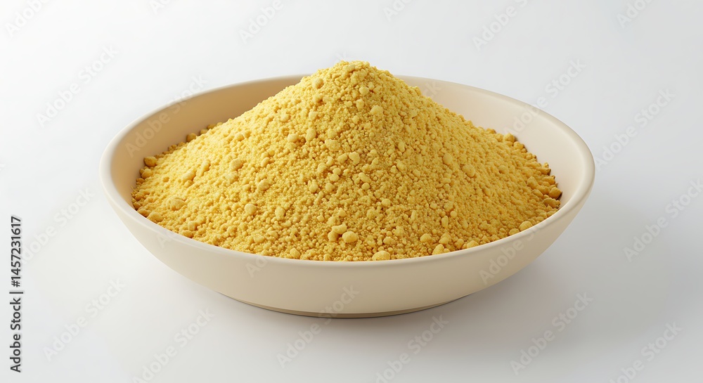 A close-up shot of a bowl filled with vibrant yellow powder on a white backdrop. A close-up shot of a bowl filled with vibrant yellow powder on a white backdrop.