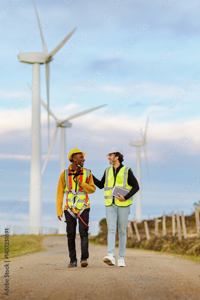 Two engineers wearing safety vests and helmets walk along a path in a wind turbine park, discussing renewable energy projects and operations