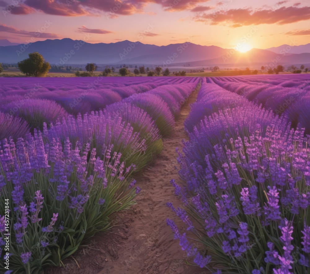 Obraz premium Sunset hues paint lavender field, vibrant purple blooms , scenery, scenic