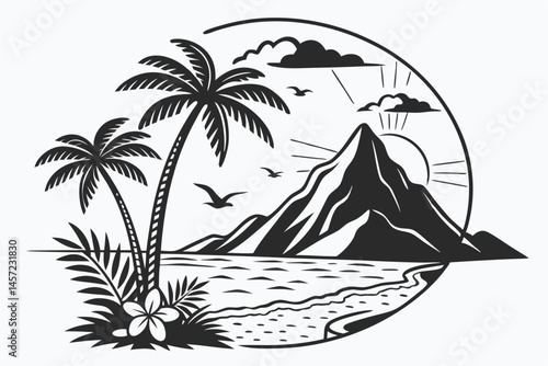 104 Black and white illustration, tropical island silhouette, volcanic mountain, palm trees, ocean waves, fluffy clouds, flock of birds, sun rays, circular composition, high contrast, detailed linewor