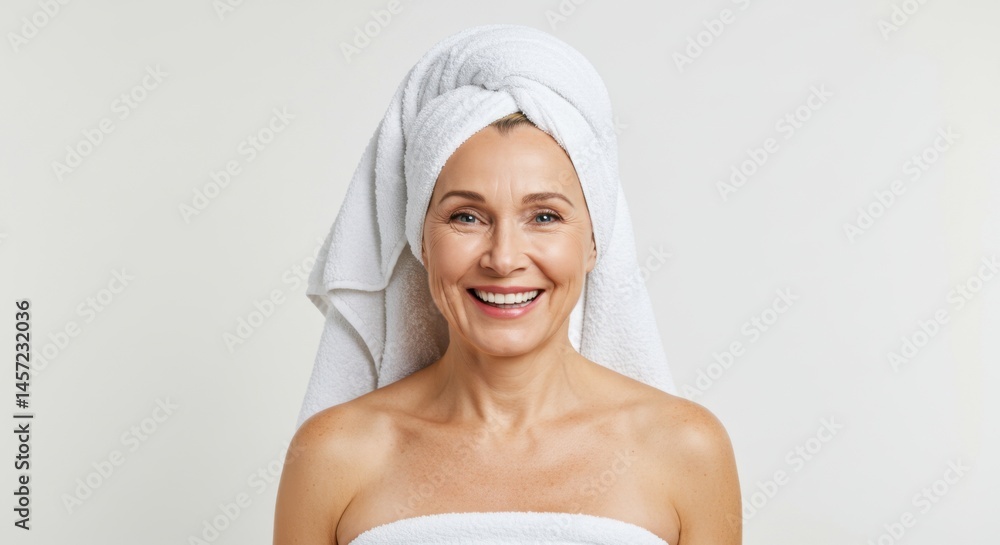 Smiling woman with a towel wrapped around her head and body against a white background look at camera Smiling woman with a towel wrapped around her head and body against a white background look at camera