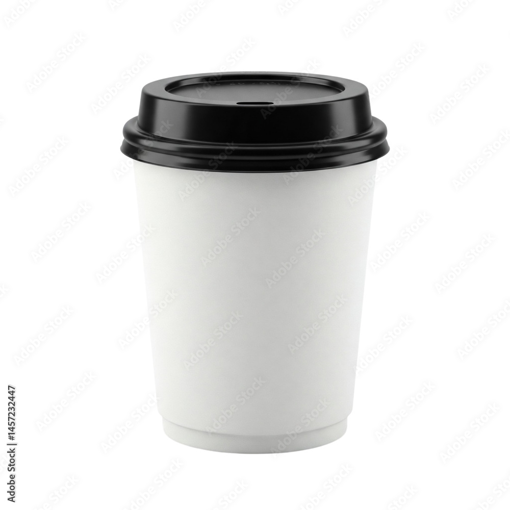 A simple white disposable coffee cup with a black lid perfect for branding a clean design element against a black A simple white disposable coffee cup with a black lid perfect for branding a clean design element against a black