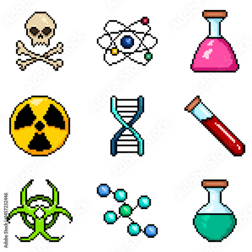 Vector Set of Chemistry Icons in Pixel Art Style