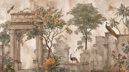 Vintage Roman ruins with botanical garden birds peacock and floral trees for wallpaper