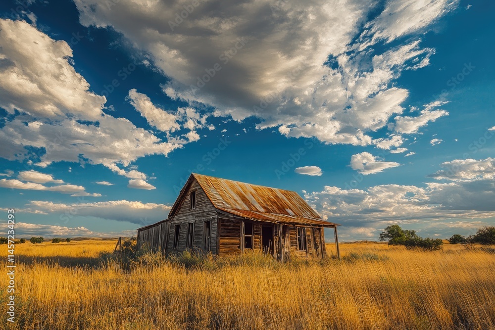 Rustic abandoned farmhouse in golden field under dramatic sky. Weathered wood and rusty metal roof contrast with vast expanse of tall grass and fluffy clouds Rustic abandoned farmhouse in golden field under dramatic sky. Weathered wood and rusty metal roof contrast with vast expanse of tall grass and fluffy clouds