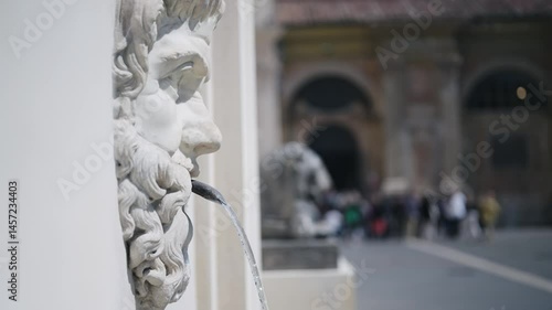 Cinematic view of Pinecone Fountain in the wall of the Pigna Courtyard, located in Vatican City, Rome, Italy