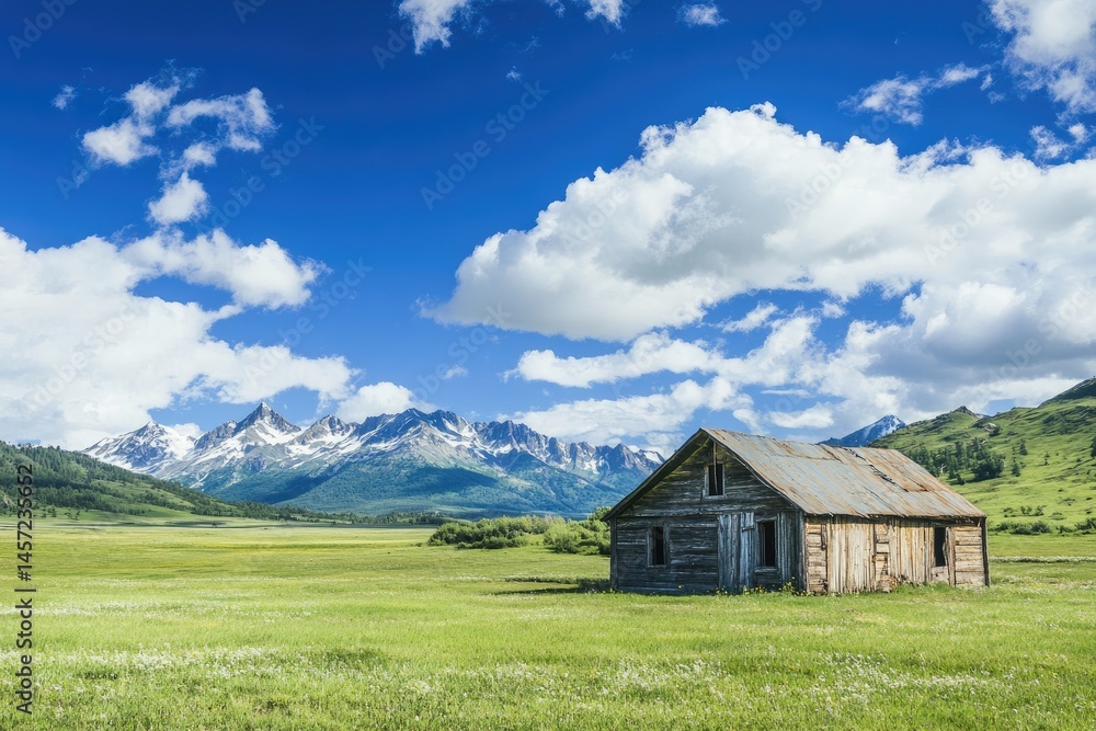 A weathered wooden cabin sits in a vast grassy meadow, mountains rise in the background under a vibrant blue sky A weathered wooden cabin sits in a vast grassy meadow, mountains rise in the background under a vibrant blue sky