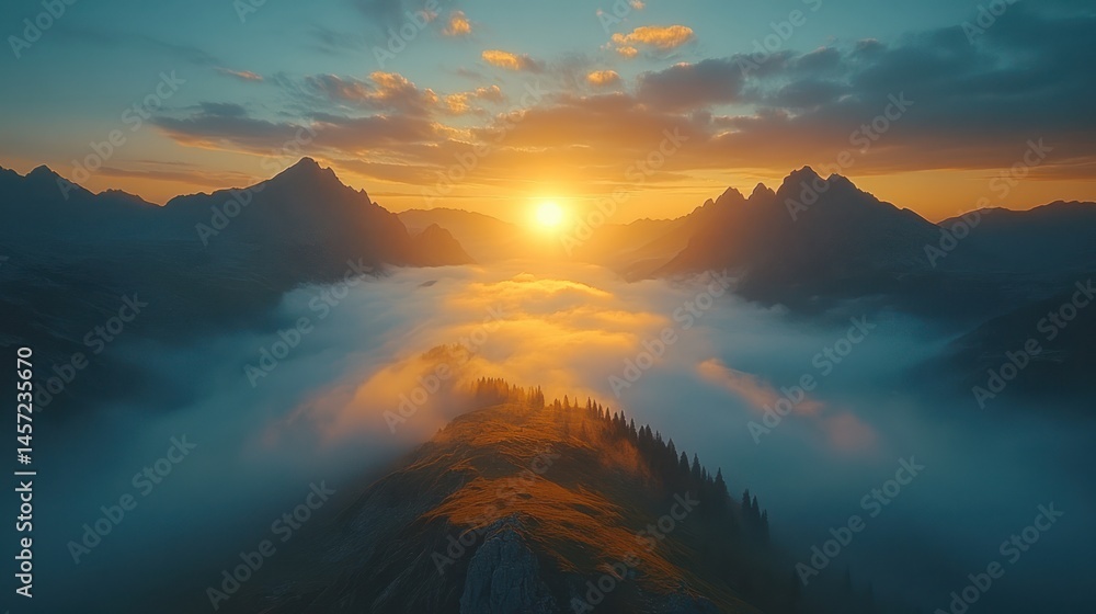 Obraz premium Sunrise lights the mountains piercing low clouds in a serene landscape scene
