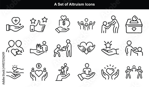 Set of Line Art Icons Showing Kindness, Charity, Giving, Care and Support on Transparent Background
