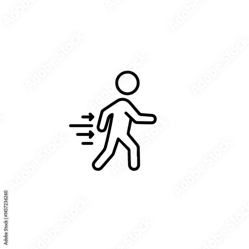 Simple icon depicting person walking away from arrows.  Person icon represents movement and transition.  Simple line art design for social media, website, or app. This graphic is ideal for illustratin