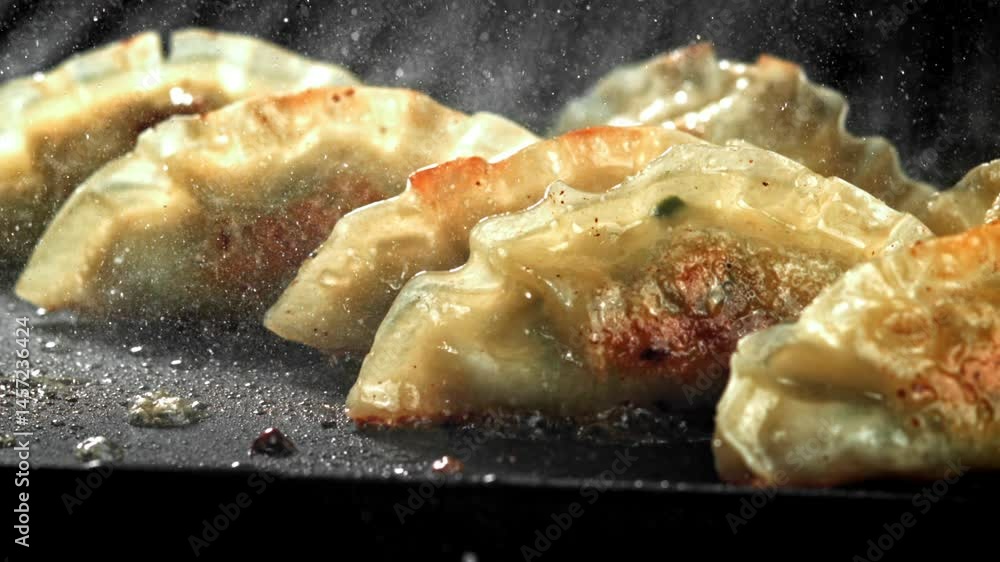 Traditional gyoze dumplings are fried in a pan. Filmed on a high-speed camera at 1000 fps. High quality FullHD footage Traditional gyoze dumplings are fried in a pan. Filmed on a high-speed camera at 1000 fps. High quality FullHD footage
