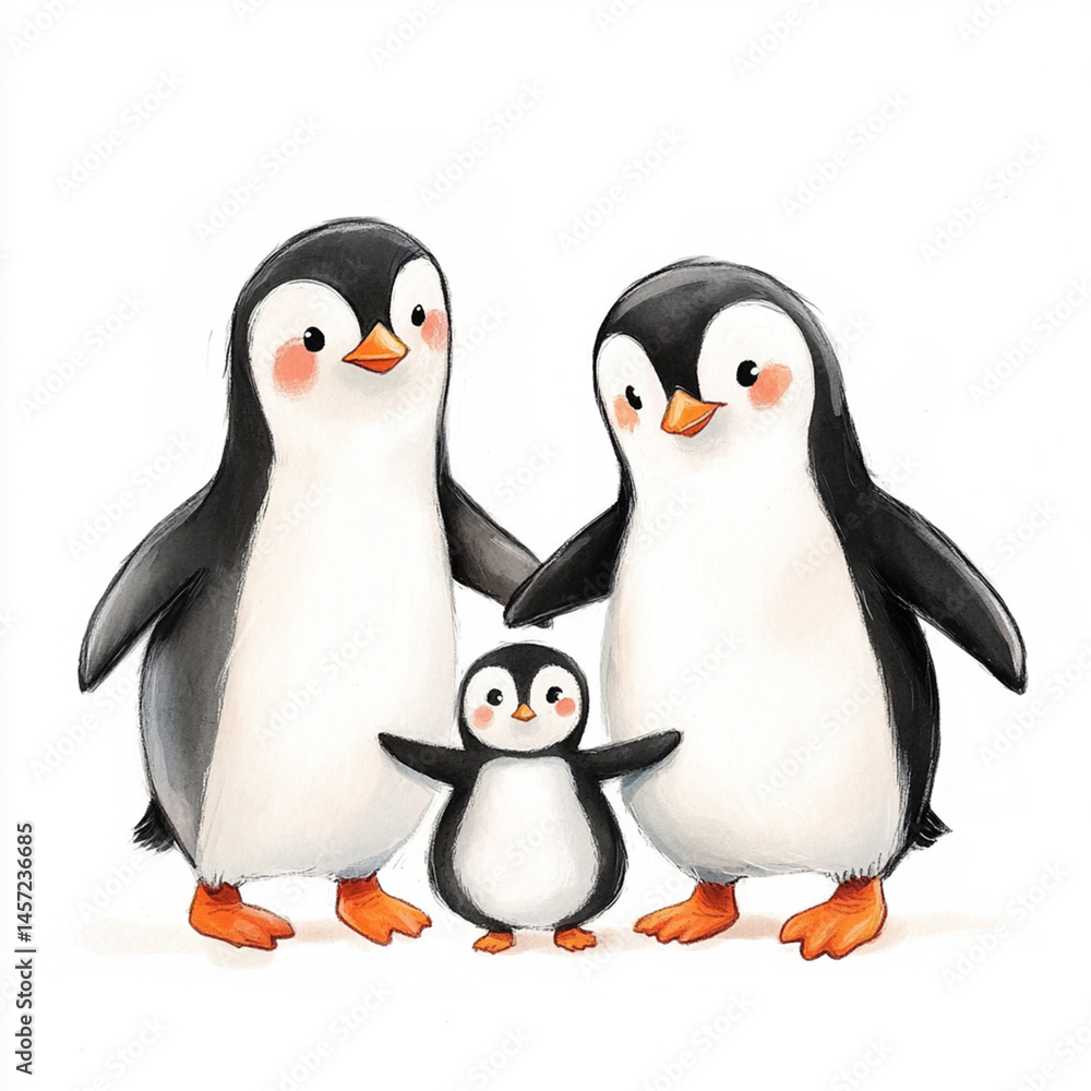 Fototapeta premium Adorable Penguin Family Watercolor Illustration Cute Baby Penguin