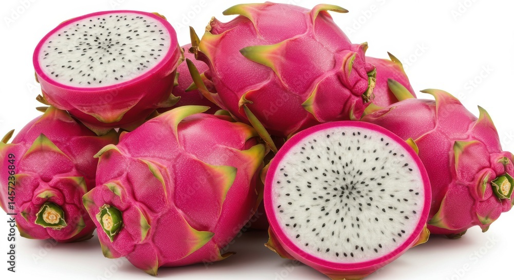 A group of dragon fruit, some whole and some cut in half, on a white surface, showing the white flesh A group of dragon fruit, some whole and some cut in half, on a white surface, showing the white flesh