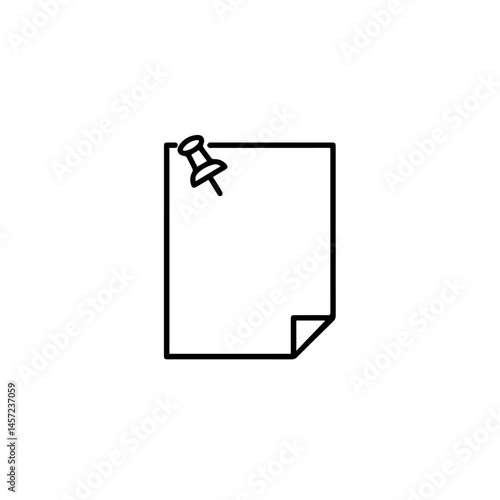 Simple pinned note paper reminder.  Blank paper sheet pinned with pushpin.  Office stationery supplies for efficient organization and social communication.