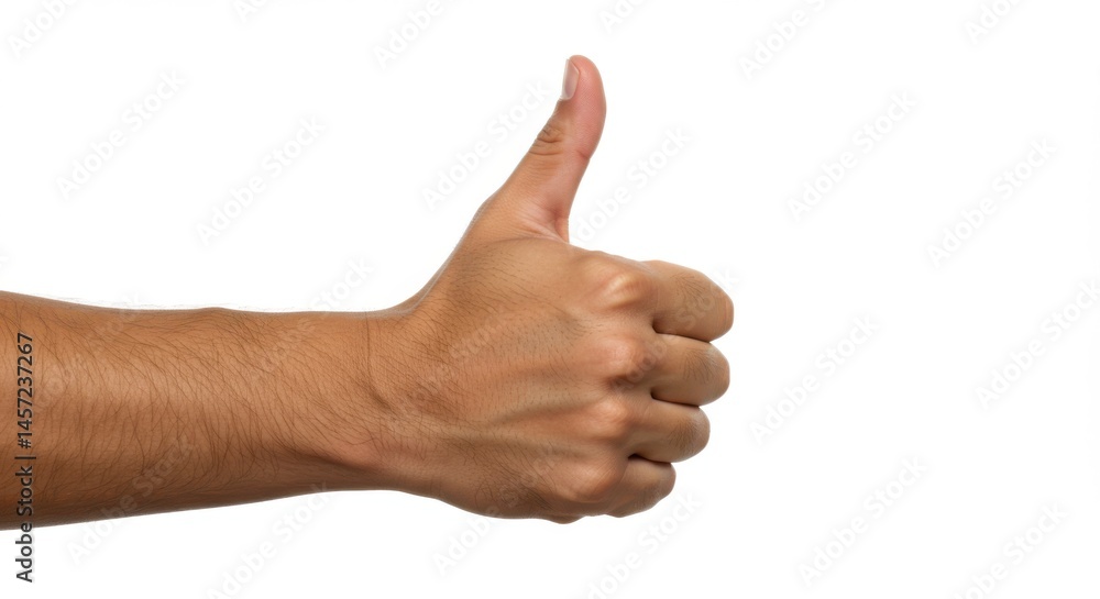 A close up of a hand giving a thumbs up gesture on a plain white background in a studio setting A close up of a hand giving a thumbs up gesture on a plain white background in a studio setting