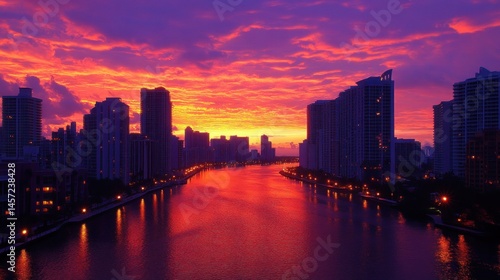 Wallpaper Mural Vibrant sunrise over city canal, reflecting fiery sky; cityscape background, perfect for travel brochures Torontodigital.ca