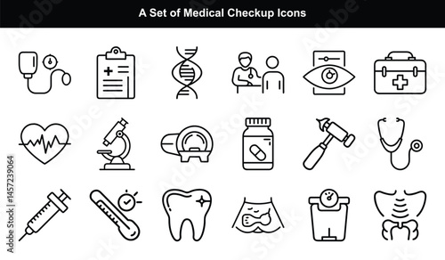 Medical Outline Icons Set with Stethoscope, Syringe, DNA, and Various Checkup Tools