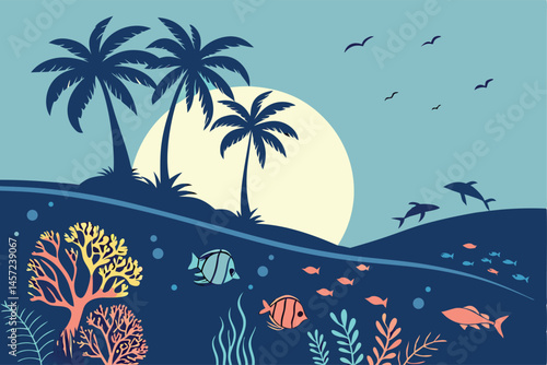 2 Tropical island silhouette, palm trees, full moon, clear sky, underwater scene, coral reef, colorful fish, jellyfish, marine life, vibrant blues, gradient ocean, serene atmosphere, minimalist style,