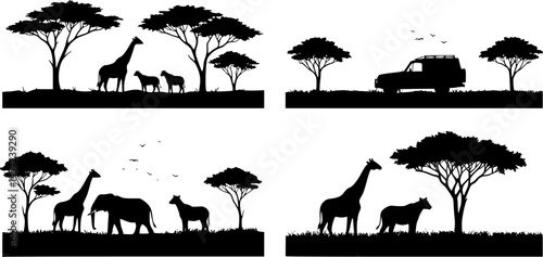 Africa Safari Savanna landscape background banner panorama for logo - Black silhouette of wild animals, trees, vehicle and sun, isolated on white background (Generative Ai)