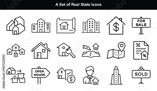 Real Estate Line Icons Set House, Sold Sign, Open House, Property, and Realtor