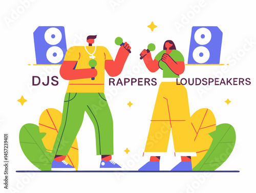 Silhouettes of DJs, rappers with mics, and loudspeakers incorporated into the letters

