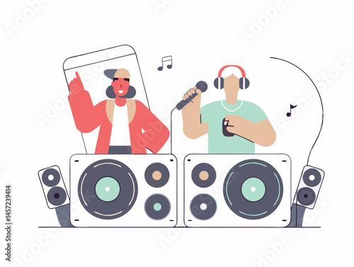Silhouettes of DJs, rappers with mics, and loudspeakers incorporated into the letters

